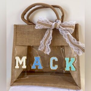 “MACK” Burlap Tote with Lace Bow
